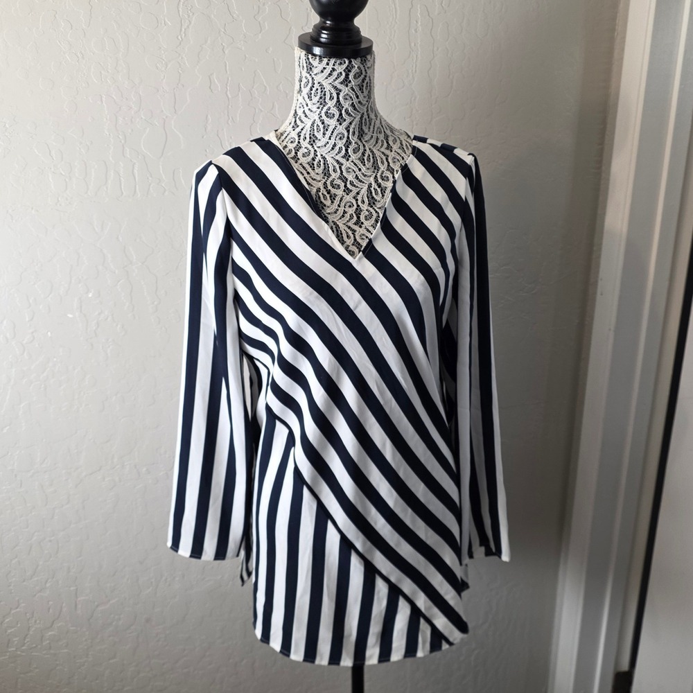 Chicos  Faux Wrap Top 3/4 Sleeve Size 1 Navy Blue White Stripe Nautical Preppy